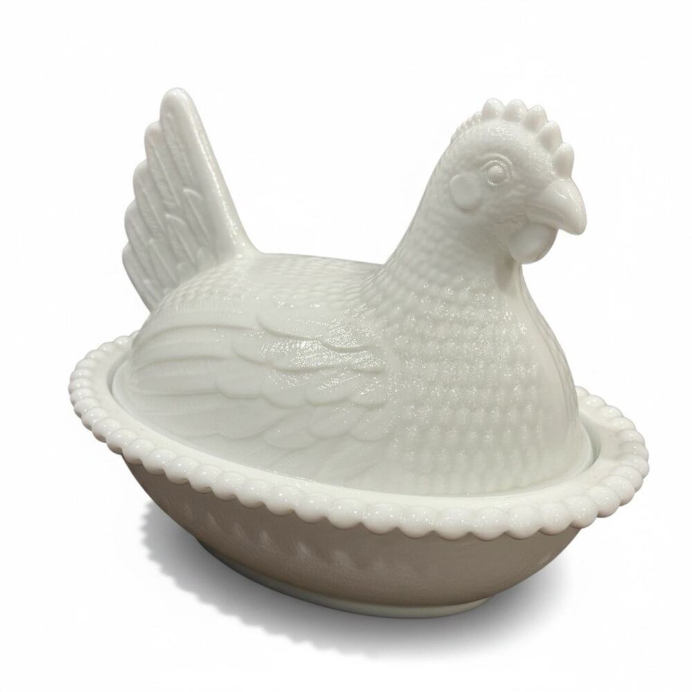 Vintage Indiana White Milk Glass Hen on Nest Beaded Rim Stippled Base 7"